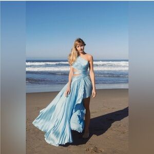 Mac Duggal 49837 Blue One Shoulder Pleated Charmeuse High Low Gown Sz 2